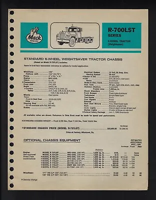 Mack Trucks Model R-700lst Series 4 Page Specifications Brochure June 1969 • $27.50