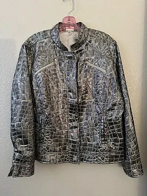 Chico's Jacket Metallic Silver Full Zip Textured Long Sleeve Pockets Size M • $32