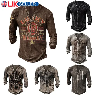 Men's Long Sleeve Vintage V Neck T Shirt Baggy Button Retro Casual Tops Blouse • £14.99