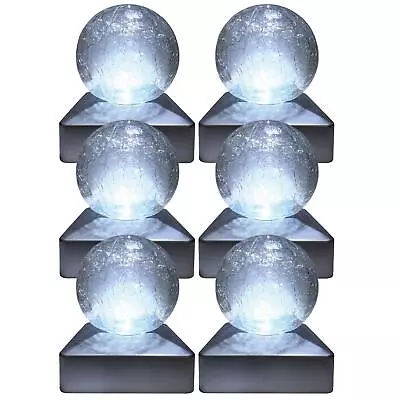 6 X SOLAR DECK CAP POST LIGHTS OUTDOOR GARDEN CRACKLE GLASS BALL LIGHTS WHITE • £39.95