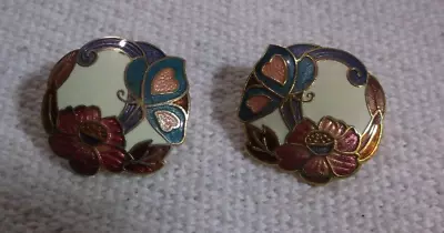 Vintage  Round Goldtone & Enamel Butterfly/Flower Cloisonne Pierced Earrings • $3.19