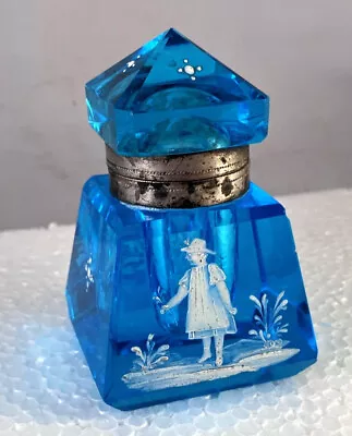 Rare Antique Mary Gregory Blue Cut Glass Inkwell Pyramid Shape Enamel Decoration • $49