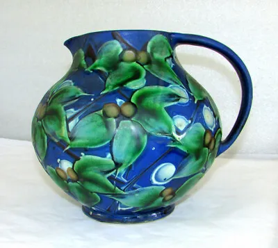 Herman Kahler Signed Hak Denmark Large Jug Pitcher Blue Floral Art Pottery Deco • $95