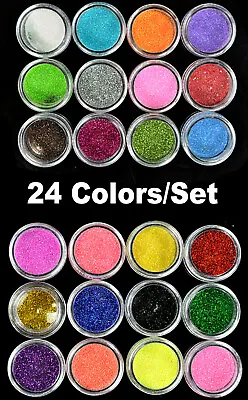 Nail Art Glitter 24 Colours Dust Powder Pots Set Tips Decoration / Crafts / DIY • £4.25