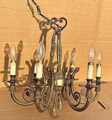 VINTAGE Gothic 6 ARM CHANDELIER Antique Spain 20 X 19 In. Spain Brass Light Lamp • $399.99