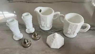 WestMoreland White Milk Glass Paneled Grape Creamer Sugar + Lid Salt Pepper Lot • $57