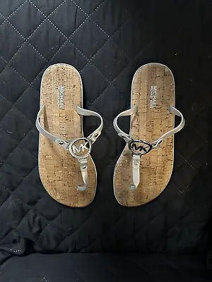 Michael Kors Sandals Women 9 Thong Flats Grey Jelly Strap Cork Casual Toe-Post • $30