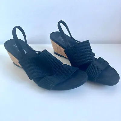 Johnny Curzon London Size 3 Black Stretch Sandals Ankle Strap Cork Wedge Heels • £5.99