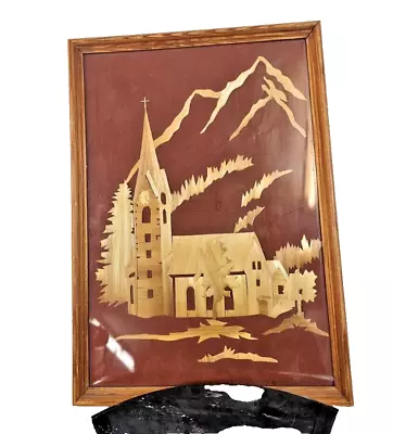 Vtg Art Wall Wood Inlay Marquetry Church With Clock Face Trees & Mountain Cliff • $9.99