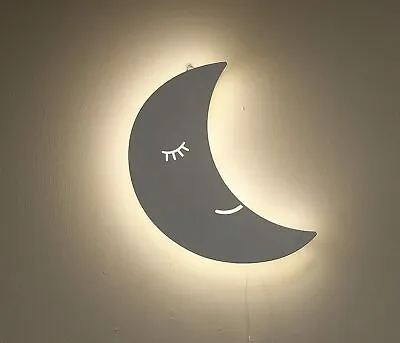 Kids Moon Night Light Bedroom Baby Nursery Decor White Wooden Wall Lamp Gift • £12.99