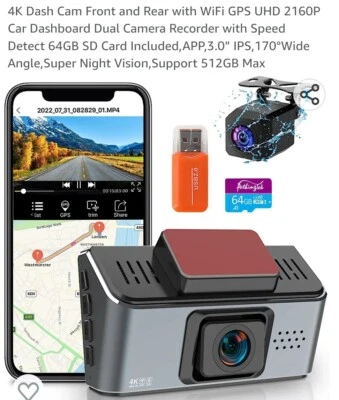 $132.94 • Buy 4K Dash Cam Front And Rear With WiFi GPS UHD 2160P Car Dashboard Dual Camera...