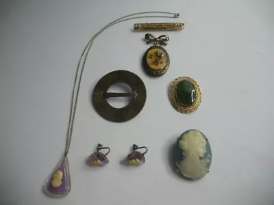 VINTAGE ART DECO JEWELRY LOT 7pcs GF LUCITE CAMEO SET STERLING KL BROOCH • $19.99