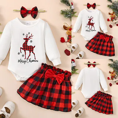 £8.99 • Buy 3PCS Newborn Baby Girls Christmas Romper Tops Tartan Skirt Outfit Set Clothes