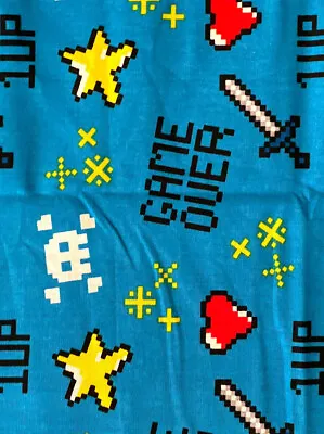 Game Over 1 Up Video Gamer Pixilated Electric Blue Skull Cotton Fabric 36” X 44” • $15.99