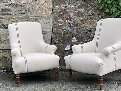 Pair Of Hand Made French Armchairs Louis Style Grain Sack Linen Navy Blue Stripe • £1595