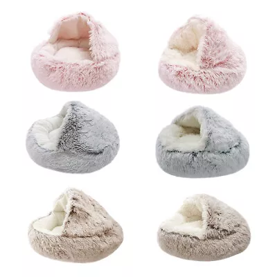 Round Plush Dog Cat Bed Cave Nest Half Hooded Warm Cave House Sleeping Nest Bed • £10.95