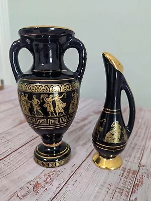 Lot Of 2 Vases 24K Gold Handmade In Greece Marked SC And M Black Gold 6” • $20