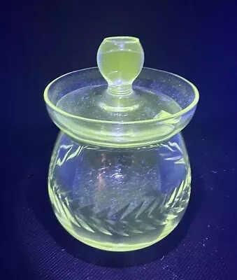Vintage Etched Clear Glass Jelly Jam Honey Condiment Jar With Lid Manganese Glow • $14.99