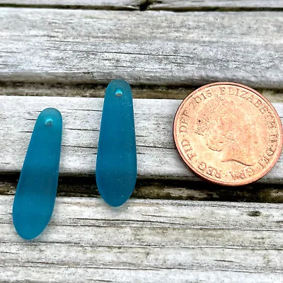 £5.99 • Buy 2 Pieces Cultured Sea Glass Baby Teardrop Beads Drilled - 22x6mm Teal