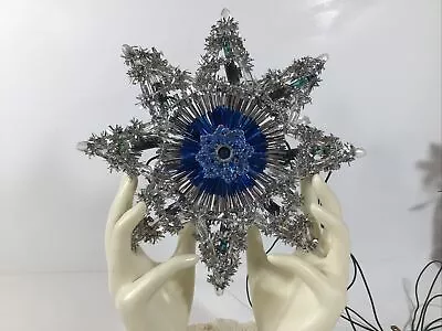 Vintage Christmas Silver/Blue Tinsel Lighted Star Tree Top “ WORKS “ Retro~MCM~ • $19.99