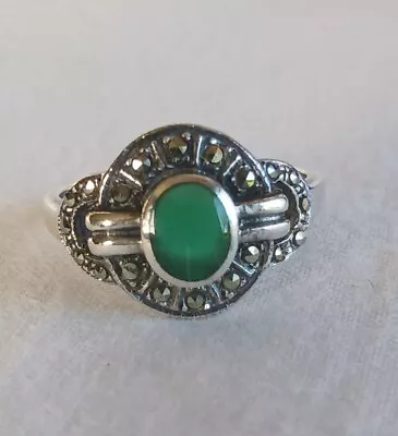 Vintage Sterling Silver 925 Green Agate And Marcasite Ring Size 8 QVC 1991 • $22.99