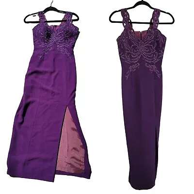 Vintage 80's Gown XS Purple Beaded Bodice Cutout Straps Front Slit Pageant • $200