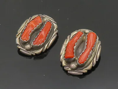 NAVAJO ZUNI 925 Silver - Vintage Red Coral Non Pierce Drop Earrings - EG10161 • $181.25