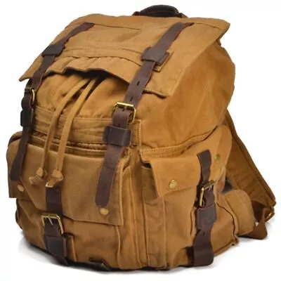 Vintage Military Canvas Leather Men's Backpack Large Canvas Backpack Rucksack • $121.41