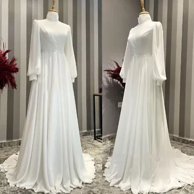 White Ivory Muslim Wedding Dresses Chiffon High Neck Long Sleeves Bridal Gowns • $142.35