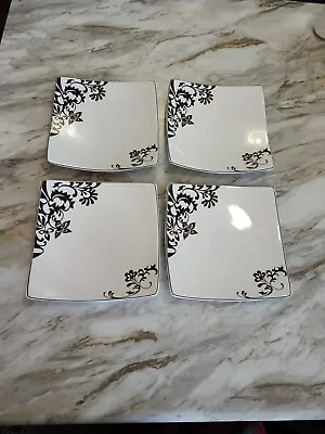 SET OF 4 Mikasa Gourmet Basics White CHOCOLATE SWIRL 8  Square Salad Plates • $12