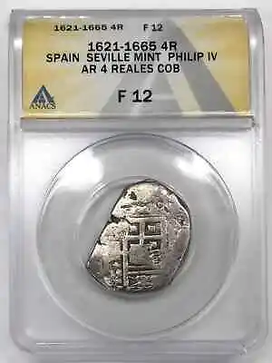 1621-1665 Spain Silver 4 REALES Cob ANACS F-12 - Seville Mint - Philip IV • $259.49