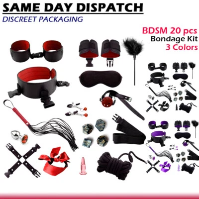 20pcs BDSM Bondage Kit Restraint Beginners Pack Collar Cuffs Whip Fetish Sex Toy • $44.95