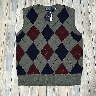 Mens Polo Ralph Lauren Argyle Sweater Vest Large Green Wool New $248 • $139.99