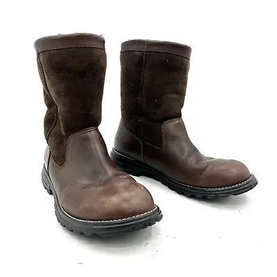 Ugg Brooks Brown Leather Shearling Lined Winter Boots Women's Size 8 • $87.99