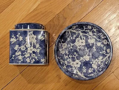 Daher Decorated Ware Metal Tin Plate & Tea Box Blue White Cherry Blossoms • $30