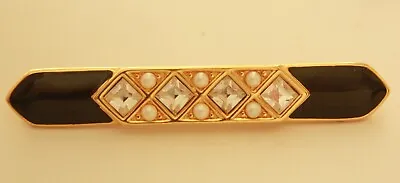 Vintage Signed MONET Enamel Rhinestones Faux Pearls Bar Brooch Pin 2 3/4  • $9.99