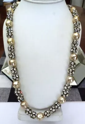 25 1/2  Vintage Champagne Faux Pearls Crystal Rhinestone Rhondelles Necklace • $15