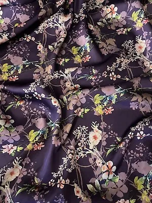 £8.75 • Buy 1 Mtr Dark Purple Silky Floral Printed Charmeuse Satin Dress Fabric 58”wide