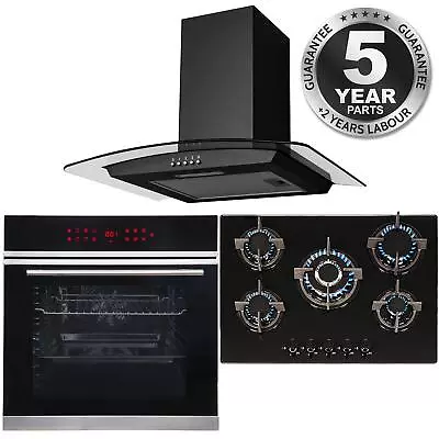 Black 13 Function Single Fan Oven 70cm 5 Burner Gas Hob & Curved Cooker Hood • £520.99