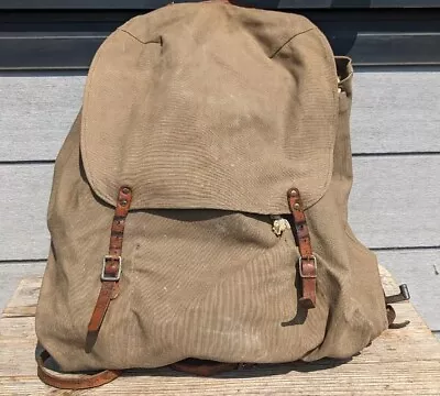 Vintage Swedish Army Military Framed Canvas Leather Backpack Ruck 3 Crown EARLY  • $225