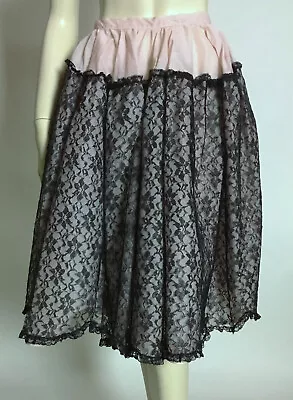 1950s Vintage Sweet Pink Black Lace Crinoline Petticoat Half Slip Knee Length S • $39