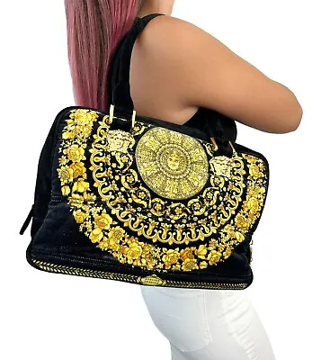 GIANNI VERSACE Vintage Medusa Logo Top Handle Bag Zip Black Gold Velour Rank AB • $531