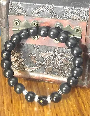 Men's Beaded Wood And Black Onyx Bracelet 10mm- 8  Around US Seller • $6.39