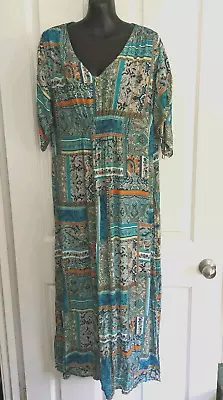 WILLOW TREE Aqua Blue & Orange Maxi Boho Dress Size S/M High Side Splits • $10.50