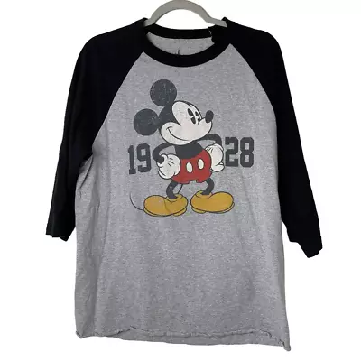 Disney Park WDW Mickey Mouse Black Gray Raglan Distressed Graphic T Shirt Size L • $14