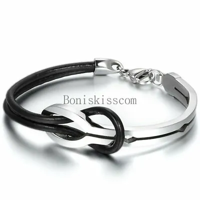Men's Women's Stainless Steel Love Infinity Buckle Leather Bracelet Cuff Bangle • $10.59