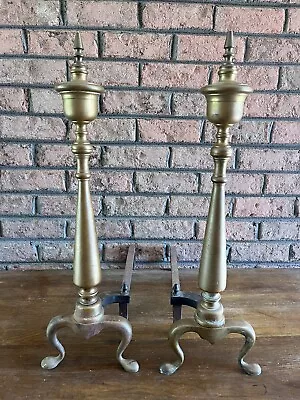 Vintage Cast Iron/Brass Metal Fireplace Andirons Firedogs 24 In Tall 17in Deep • $45