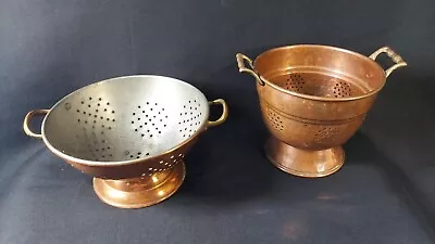 Lot Of 2 Vintage Copper Colander Strainers Hammered Brass Handles • $25
