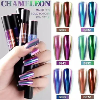 Nail Duo Chrome PEN Chameleon Mirror Powder Air Cushion Solid 6 Colours Dust  UK • £3.39