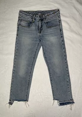 R13 Womens Boy Straight Jeans Size 26 Leyton Blue Light Wash Chewed Hem Let Down • $79.99